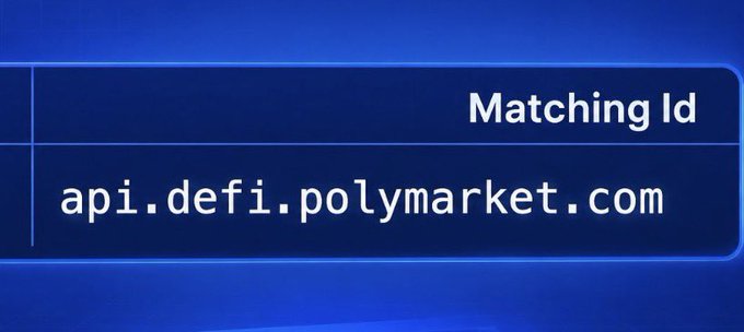 The image displays a "Matching Id" registration confirming the domain **api.defi.polymarket.com** under Polymarket, visually supporting the post's claim of a new official DeFi subdomain launch on a separate DNS branch from the main platform.