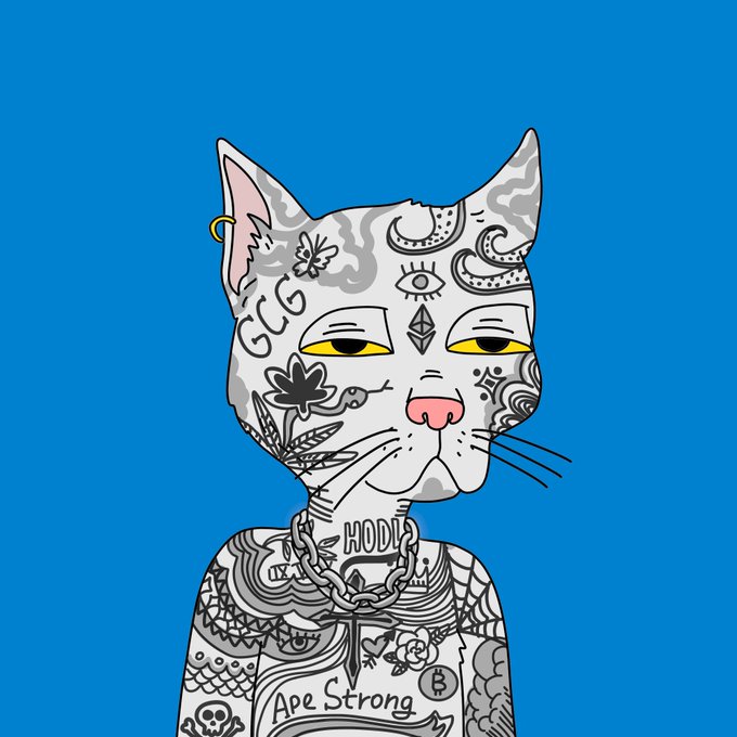 A stylized cartoon cat covered in tattoos (including 'GGG', an eye, a lotus, and 'HODL', 'Ape Strong') against a bright blue background.
