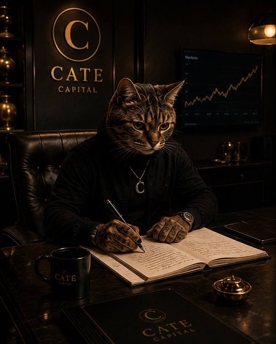 A tabby cat in a dark suit sits at a desk signing documents in a dimly lit office, with "CATE CAPITAL" branding on the wall behind him and a rising "Markets" chart on a screen to the side, alongside a "CATE" branded mug and folder—visually embodying the post's theme of CATE's leadership quietly building momentum while critics try to interfere.