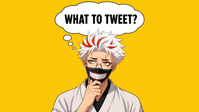 An anime-style illustration shows a white-haired character wearing a black mask with a toothy grin against a yellow background, with a thought bubble reading 'WHAT TO TWEET?'.