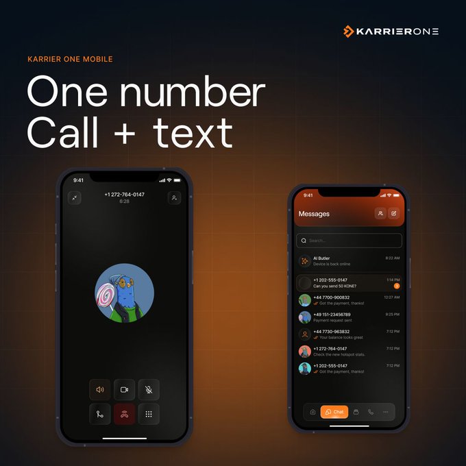 A promotional graphic for the 'KARRIERONE' mobile app, showcasing its features with the tagline 'One number Call + text' and screenshots of a phone call and messages interface.