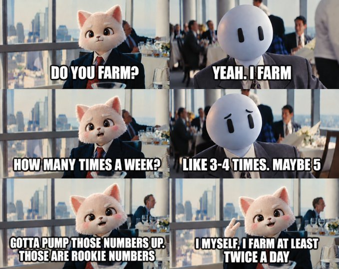 A six-panel meme featuring an animated cat and a white emoji head in business attire, with text: 'DO YOU FARM?', 'YEAH. I FARM', 'HOW MANY TIMES A WEEK?', 'LIKE 3-4 TIMES. MAYBE 5', 'GOTTA PUMP THOSE NUMBERS UP. THOSE ARE ROOKIE NUMBERS', 'I MYSELF. I FARM AT LEAST TWICE A DAY'.