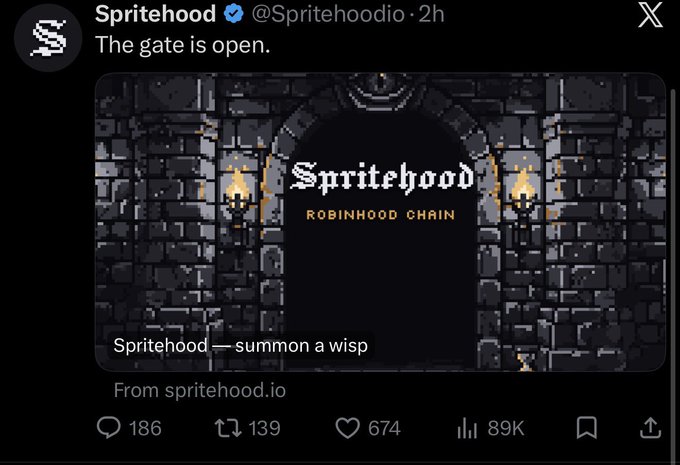Spritehood (@Spritehoodio) announces "The gate is open" alongside pixel-art imagery of a stone gateway displaying "Spritehood — Robinhood Chain," teasing "summon a wisp" from spritehood.io, which gained 89K views and 674 likes in 2 hours following its sellout mint.