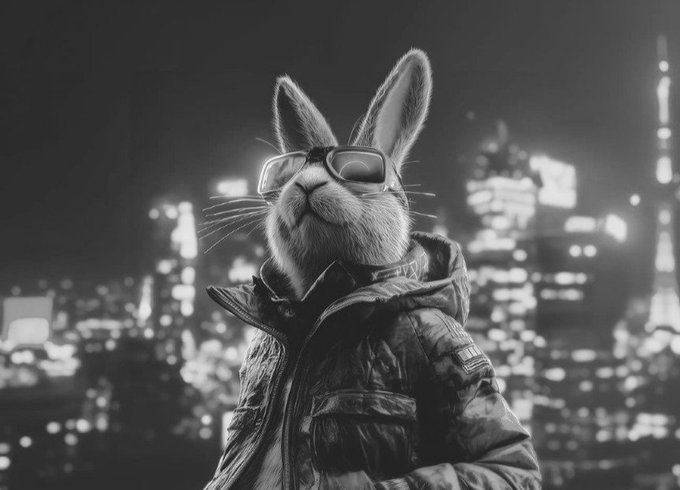 A black-and-white illustration of an anthropomorphic rabbit wearing glasses and a jacket, standing against a backdrop of a blurred city skyline at night.