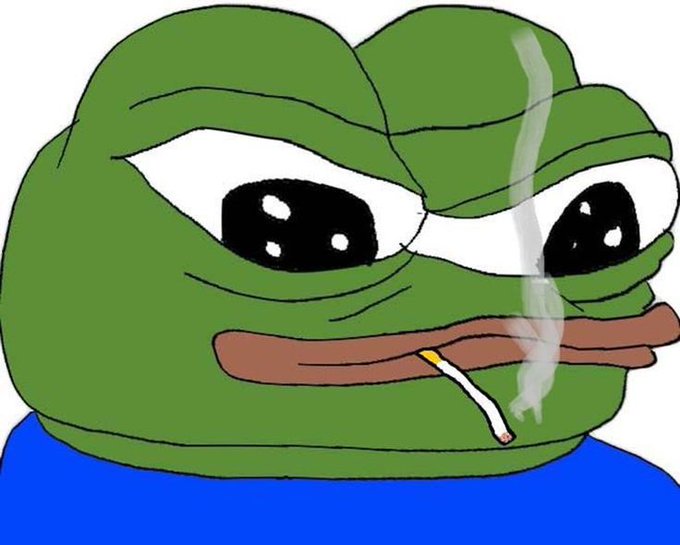 An illustration of a sad-looking green Pepe the Frog with droopy eyes, wearing a blue shirt, and holding a lit cigarette in his mouth with smoke rising.