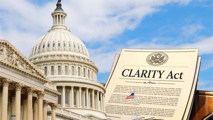 The image shows the U.S. Capitol Building beside a document titled "CLARITY Act," visually reinforcing the call for the Senate to vote on the cryptocurrency legislation.