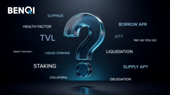 A Benqi (DeFi protocol) promotional image featuring a glowing 3D question mark surrounded by crypto/DeFi terminology including SLIPPAGE, HEALTH FACTOR, TVL, BORROW APR, APY, STAKING, LIQUID STAKING, LIQUIDATION, SUPPLY APY, COLLATERAL, and DELEGATION.