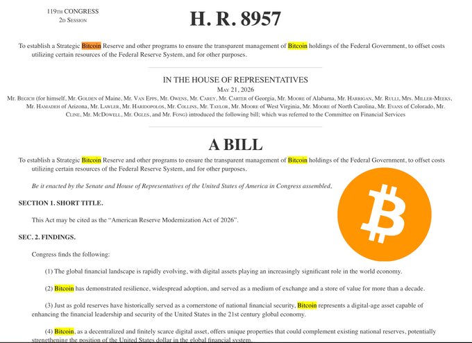 The image shows a screenshot of the full text of a bill titled "H.R. 897". This bill is about implementing a cryptocurrency reserve, which will be regulated by the Financial Crimes Enforcement Network (FCEN). The image also contains an image of a Bitcoin symbol next to the text, possibly indicating that this bill is related to Bitcoin or blockchain technology.