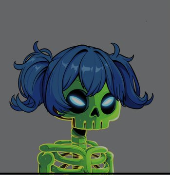The image features a cartoon-style skeleton with blue hair, wearing a green outfit that includes a skull hat. The skeleton appears to be posed against a gray background, giving it an artistic and unique appearance. The accompanying text in the post reads "NFTs are Gorgeous. @DedGorgez". This message emphasizes the aesthetic appeal of the skeleton's design and suggests that the image is related to NFTs or digital art.