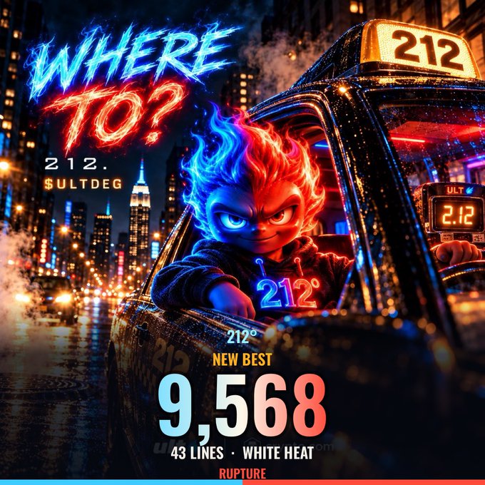 A stylized neon poster titled 'WHERE TO? 212 SULTDEG' featuring a character with blue and red flaming hair in a taxi, displaying a score of '9,568' for '43 LINES • WHITE HEAT' with the word 'RUPTURE' at the bottom.