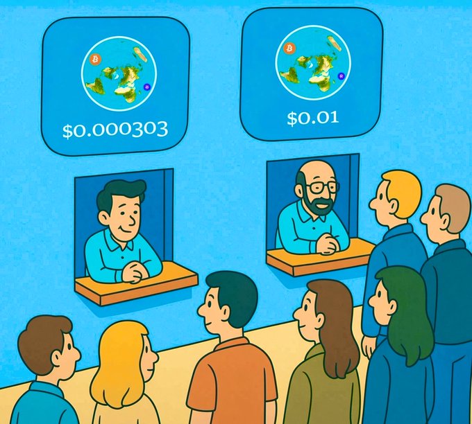 A cartoon illustration depicting people looking up at two Bitcoin price displays showing '$0.000303' and '$0.01', with men behind ticket-style windows.