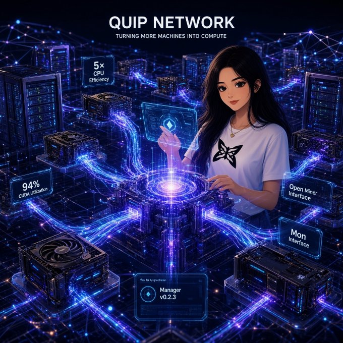 A promotional graphic for 'QUIP NETWORK' with the tagline 'TURNING MORE MACHINES INTO COMPUTE', featuring an anime-style character interacting with a holographic interface among server hardware, with stats like '5× CPU Efficiency', '94% CUDA Utilization', and 'Manager v0.2.3'.