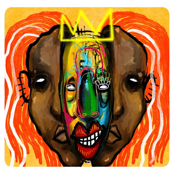 Vibrant artistic portrait painting of an elephant's face with neon-colored accents, a crown, and expressive details against a bright orange mane-like background.