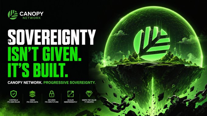 The image features a green globe with a white leaf design at the center, surrounded by various text elements such as "Sovereignty", "isn't given", "it's built", and "CNPYNetwork". The main focus of the image is the word "Sovereignty" which appears multiple times in different sentences. This suggests that the post might be discussing the concept of a sovereign blockchain, where the term "sovereignty" could be referring to the idea of self-governance or control over one's own affairs within the context of a digital platform or network.