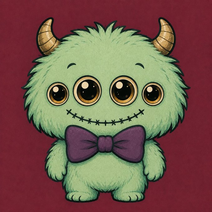 A cartoon illustration depicts a fluffy green four-eyed monster with two horns and a stitched smile, wearing a purple bow tie against a dark red background.