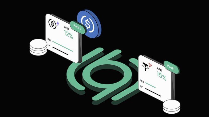A 3D illustration on a black background shows USDC and USDT stablecoin liquidity pool cards with 12% and 15% APR rates alongside coins.