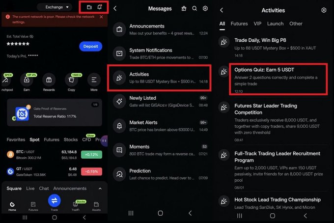 Screenshots from a cryptocurrency exchange app (MEXC) showing navigation to Activities, with a quiz highlighted titled 'Options Quiz: Earn 5 USDT' to answer 2 questions correctly for a simple trade reward.