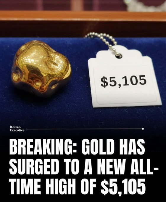 An informational graphic showing a gold nugget next to a price tag reading '$5,105' with the text 'BREAKING: GOLD HAS SURGED TO A NEW ALL-TIME HIGH OF $5,105' attributed to Kaizen Executive.