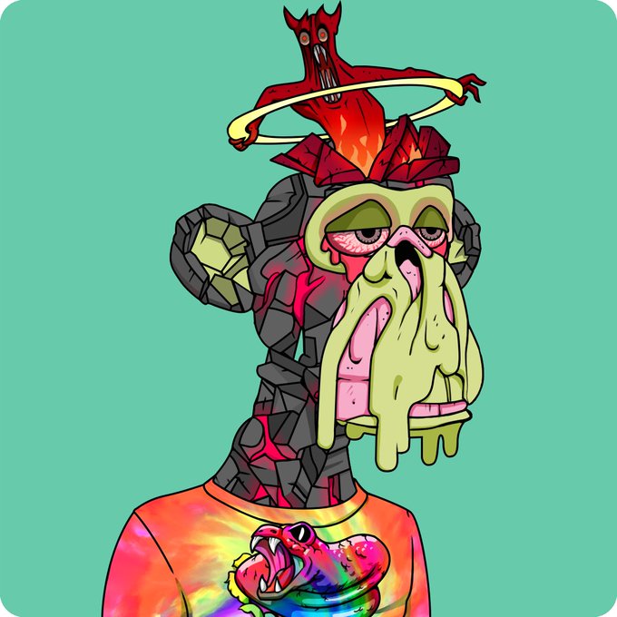 A stylized, colorful illustration of a figure with a skull-like green face surrounded by red flames, wearing a tie-dye shirt with a roaring hippo design on a teal background.