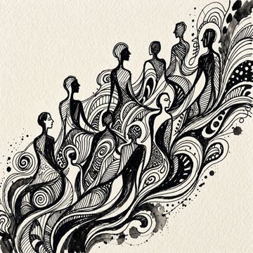 A black and white surrealist ink illustration featuring multiple elongated human figures intertwined with flowing, wave-like patterns and dotted textures.