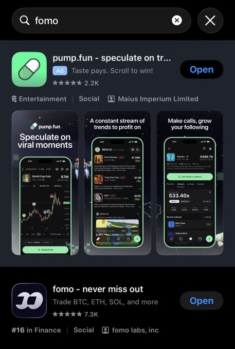 A search for "fomo" in an app store reveals two results: "pump.fun - speculate on tr..." with the tagline "Taste pays. Scroll to win!" (rated 2.2K, marked as an Ad), and "fomo - never miss out" for trading BTC, ETH, SOL (rated 7.3K). The image illustrates the post's point that crypto companies are paying for prominent ad placement to reach users searching for popular trading terms.