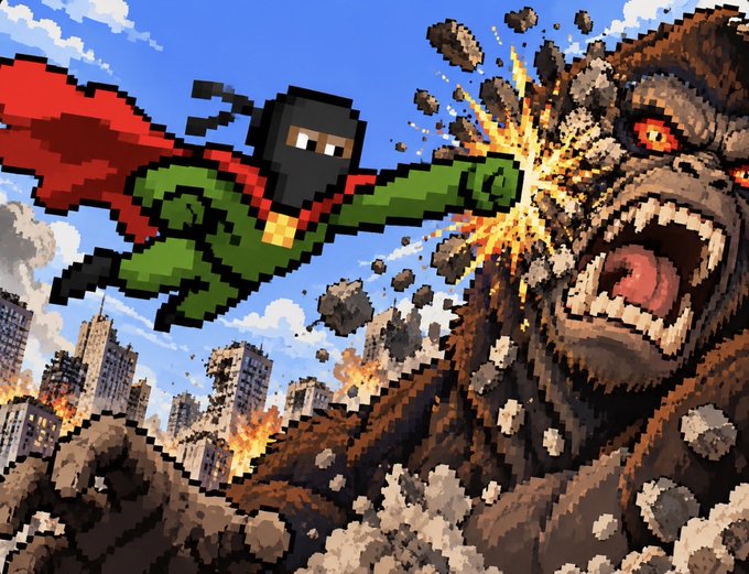 Pixel art depicting a blocky superhero wearing a red cape and green suit punching a giant brown King Kong-like ape in the face, with a destroyed city and blue sky in the background.