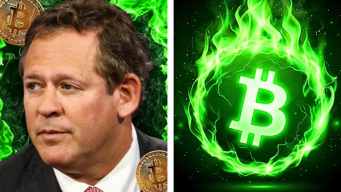 A side-by-side image showing a man in a suit (likely a Bitcoin advocate) on the left with golden Bitcoin coins overlaid, and a stylized Bitcoin logo engulfed in green flames on a dark background on the right.