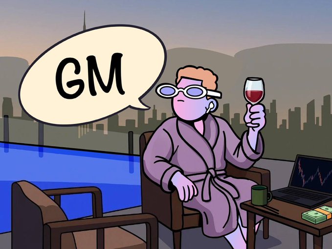 An illustration of a person in a purple bathrobe wearing VR goggles, holding a glass of red wine, with 'GM' (Good Morning) in a speech bubble, sitting next to a laptop displaying a trading chart.
