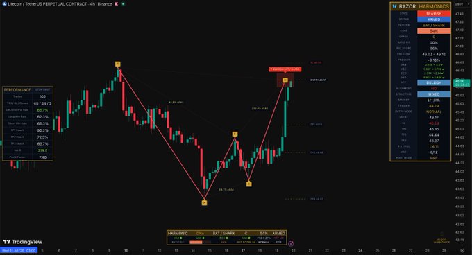 A TradingView chart displays the Litecoin (LTCUSDT) perpetual contract on Binance in a 4-hour timeframe, featuring a red "Razor Harmonics" pattern overlay that identifies potential reversal points with X and A markers, alongside harmonic projection levels and performance metrics showing a 102 trades count with +89.16% annualized return. The chart shows price action ranging between approximately $64 and $68, with a "Current Signal" indicator and real-time market statistics including bids/asks volume on the right panel.