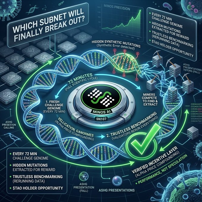 An infographic titled 'WHICH SUBNET WILL FINALLY BREAK OUT?' detailing the 72-minute cycle of Minos Precision, highlighting challenges, hidden mutations, and trustless benchmarking.