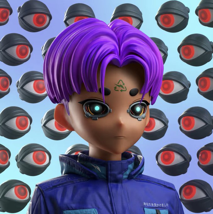 A 3D-rendered anime-style character with purple hair and a blue jacket stands in front of a repeating pattern of surveillance cameras with red lenses.