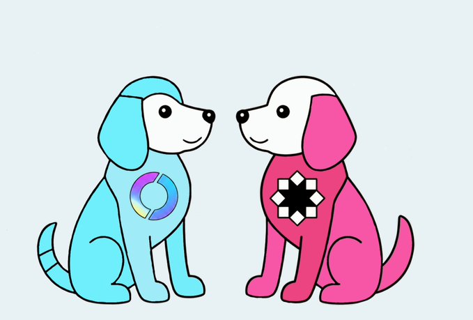 An illustration of two cartoon dogs facing each other, one cyan with a circular logo and one pink with a star logo.
