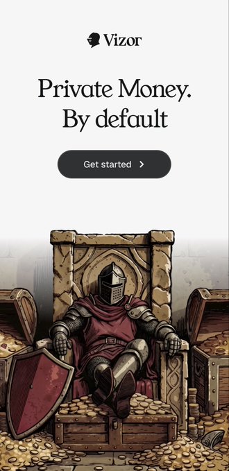An advertisement for Vizor featuring a medieval knight sitting on a throne surrounded by treasure, with the tagline 'Private Money. By default' and a 'Get started' button.