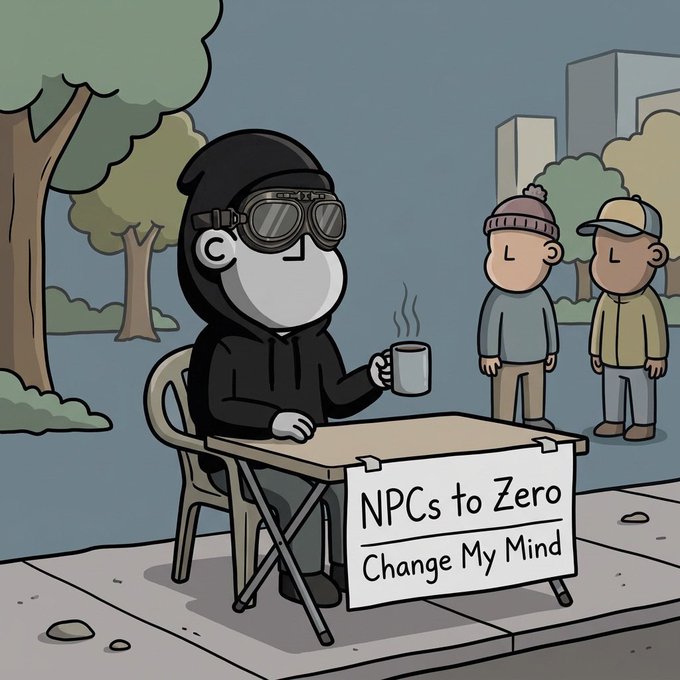 A cartoon character in a black hoodie and goggles sitting at a table with a sign reading "NPCs to Zero — Change My Mind," while two bystanders watch.