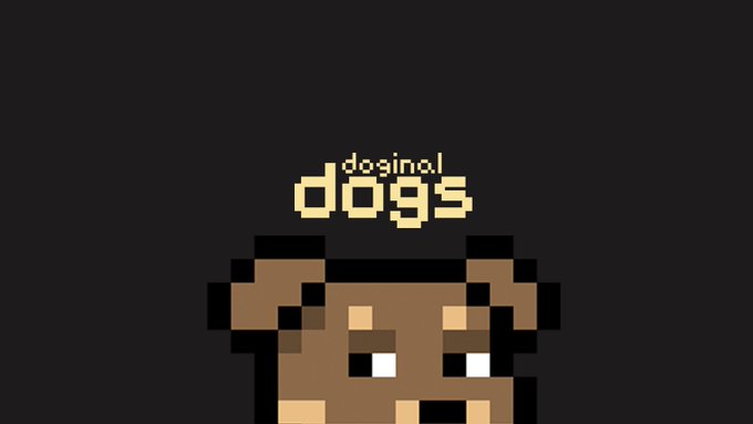 Pixel art image with a dark background showing a brown dog face and yellow text reading 'doginal dogs'.