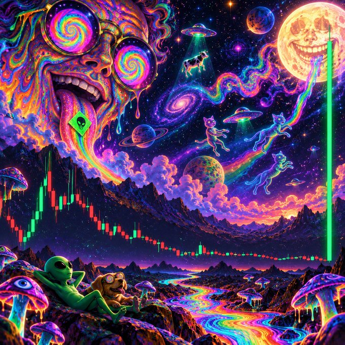A vibrant, psychedelic digital artwork showing a melting face with spiral sunglasses, UFOs beaming up cats, a grinning moon, stock chart candles, and an alien relaxing in a colorful alien landscape.