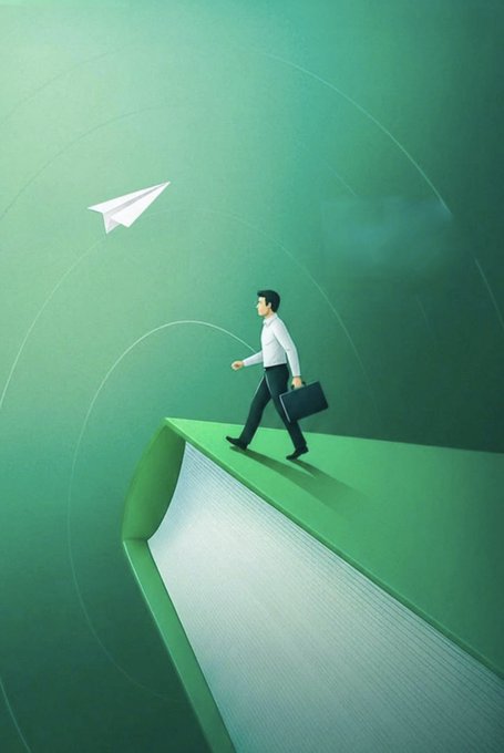 Minimalist digital illustration of a businessman in a white shirt carrying a briefcase walking along the edge of a giant open book, with a paper airplane flying nearby against a green background.