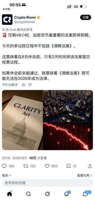 A Chinese-translated tweet from Crypto Rover (@cryptorover) discussing that only 48 hours remain for the most important crypto legislation, the Clarity Act, which is not on today's Senate agenda, meaning it must pass before August recess or it likely won't become law in 2026.