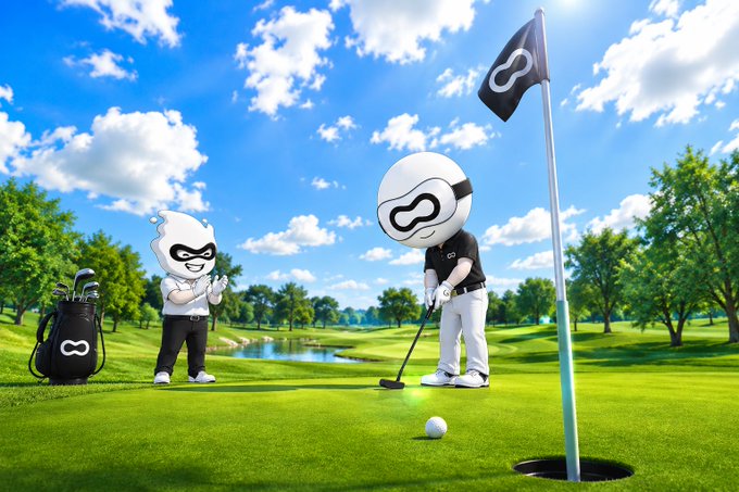 A Meta-branded golf scene featuring two mascot characters on a green course, one holding clubs and the other putting near a hole with a Meta logo flag.