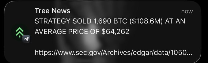 A notification from Tree News reporting that STRATEGY sold 1,690 BTC ($108.6M) at an average price of $64,262, with a link to SEC archives.