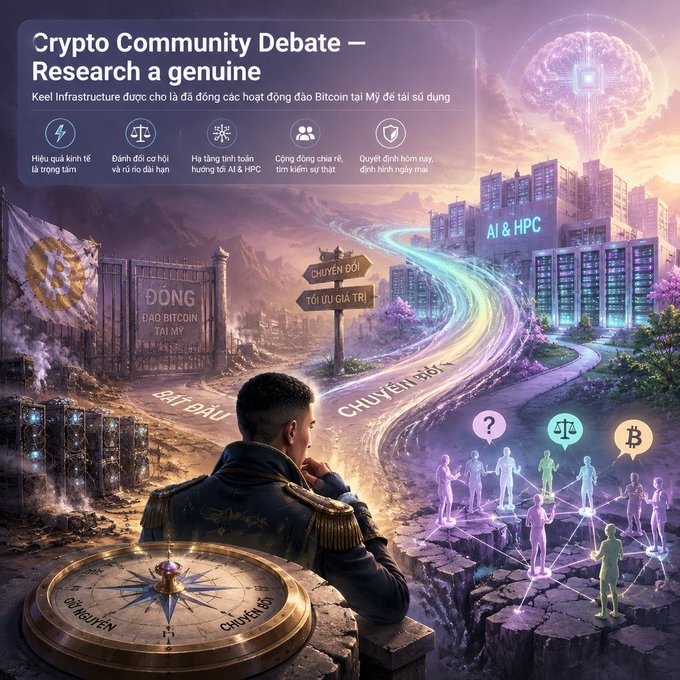 A person stands before a crossroads, gazing at two divergent paths—one labeled in Vietnamese as moving toward AI & HPC and the other returning to Bitcoin mining—with a Bitcoin flag and a glowing data center with the Bitcoin (₿) symbol visible on opposite sides. The imagery visually represents the debate over repurposing U.S. crypto mining infrastructure for artificial intelligence, echoing the unconfirmed report that Keel Infrastructure shut down its Bitcoin mining operations to pivot toward AI and HPC.
