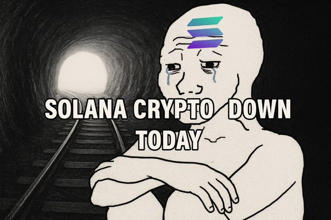 The image features an illustration of a man with a sad expression, sitting next to a train track. The text "solana crypto down today" is written above him, indicating that the cryptocurrency market has experienced a significant drop. The caption below the illustration provides additional information about the current state of solana and its impact on investors.