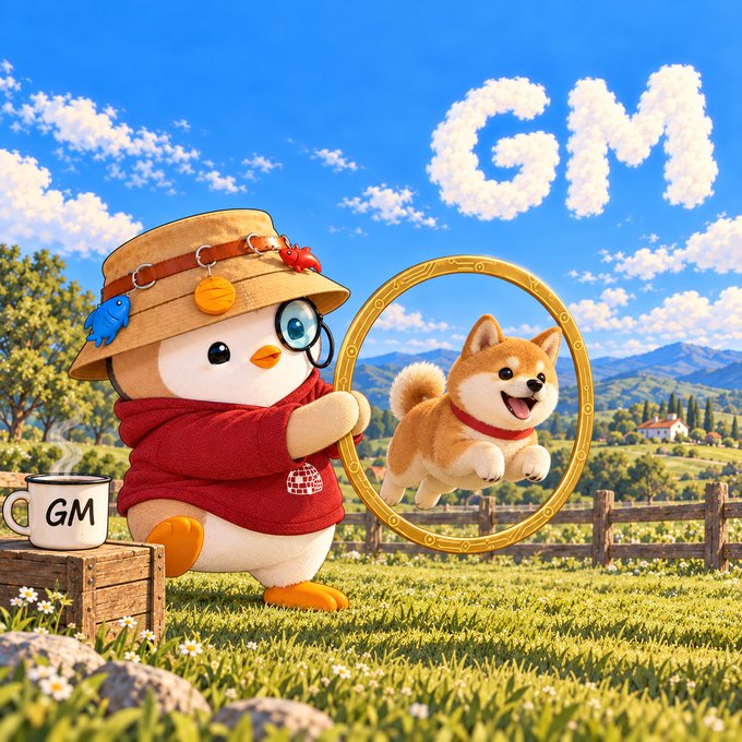 A digital illustration of a cute penguin-like character wearing a hat and red hoodie holding a golden portal frame showing a running Shiba Inu dog, with 'GM' written in clouds and on a mug.