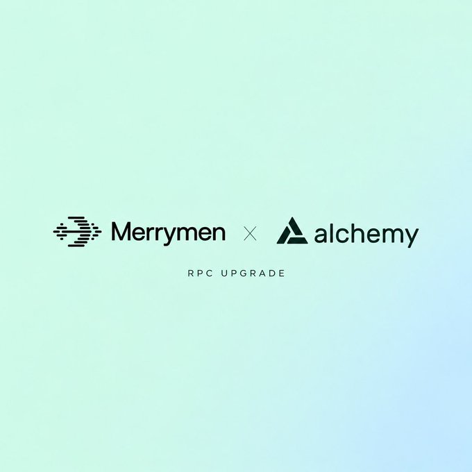 A promotional graphic on a light blue gradient background featuring the logos 'Merrymen x alchemy' and the text 'RPC UPGRADE'.