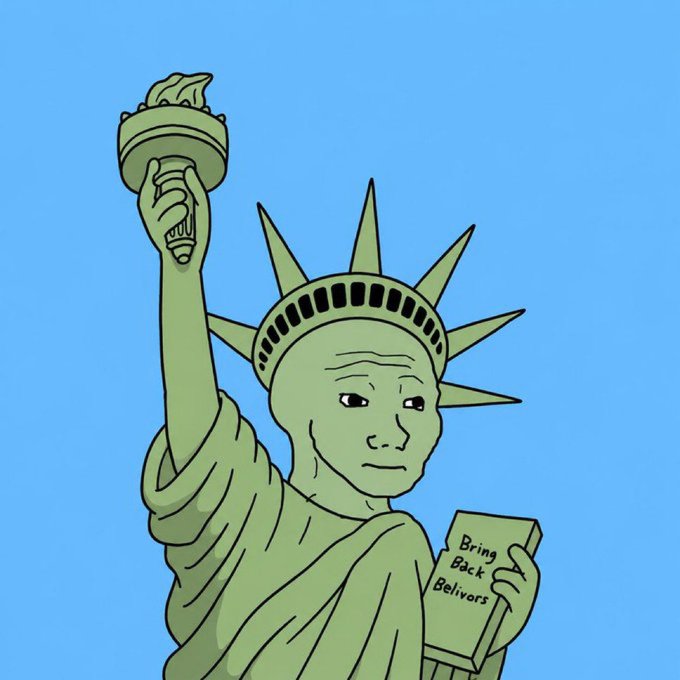 A cartoon illustration of the Statue of Liberty depicted with a wojak-style face holding a book titled 'Bring Back Belivors' against a light blue background.