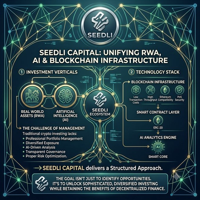An infographic for SEEDLI CAPITAL titled 'Unifying RWA, AI & Blockchain Infrastructure,' displaying investment verticals (Real World Assets and Artificial Intelligence), technology stack components, and the SEEDLI Ecosystem.