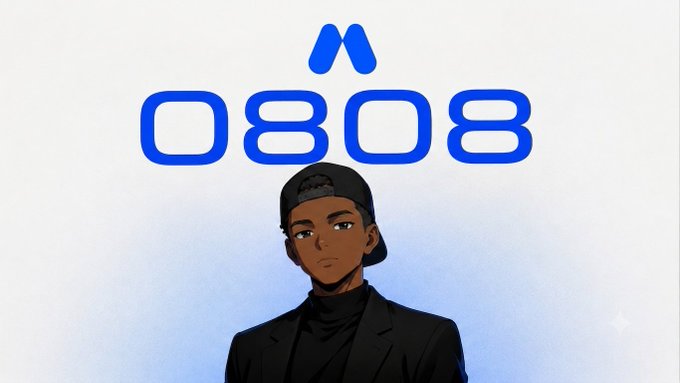 An animated illustration of a young man wearing a black cap and blazer against a light background, with a blue '0808' logo and symbol above him.