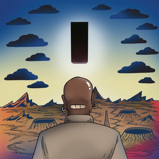 A comic-style illustration of a bald man in a white shirt smiling widely as he faces a desolate landscape with crater pits, mountains, and a mysterious black rectangular monolith floating in the sky.