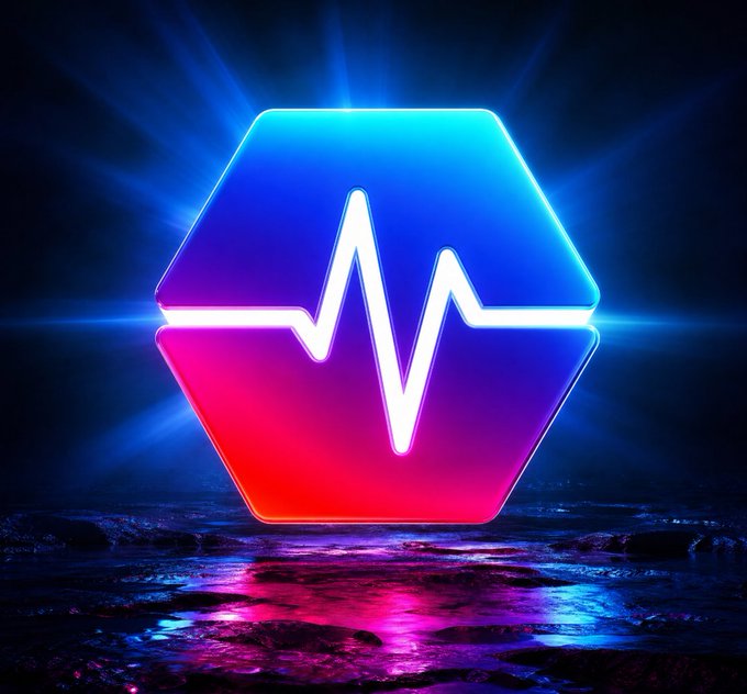 A glowing hexagonal emblem featuring a heartbeat/EKG pulse line in white is set against a vibrant blue and pink gradient background, visually representing the "Pulse" concept of PulseChain with its pulsating rhythm imagery.