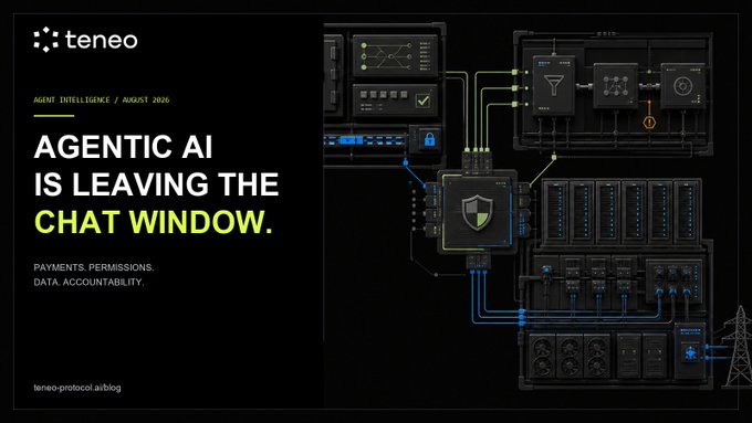 The image is a Teneo promotional graphic titled "AGENT INTELLIGENCE / AUGUST 2026: AGENTIC AI IS LEAVING THE CHAT WINDOW," with the tagline "PAYMENTS. PERMISSIONS. DATA ACCOUNTABILITY." alongside a dark visual showing interconnected data servers, a security shield, and analytics panels.

The image relates to the post by illustrating the shift from conversational AI to autonomous AI agents, complementing the examples of MetaMask's self-custodial wallets for agents, a gym-booking agent exploiting an API, and Riot Platforms' 20-year, 191 MW power lease—all highlighting how agentic AI is moving beyond chat into real-world actions involving payments, infrastructure, and data accountability.